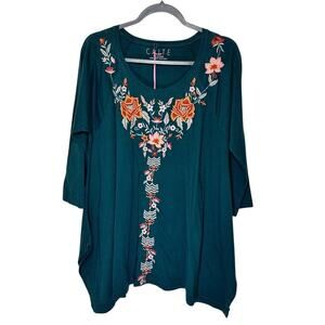 NWT Caite Aisha Top Embroidered Floral T Shirt Kyla Seo Deep Teal Women Small